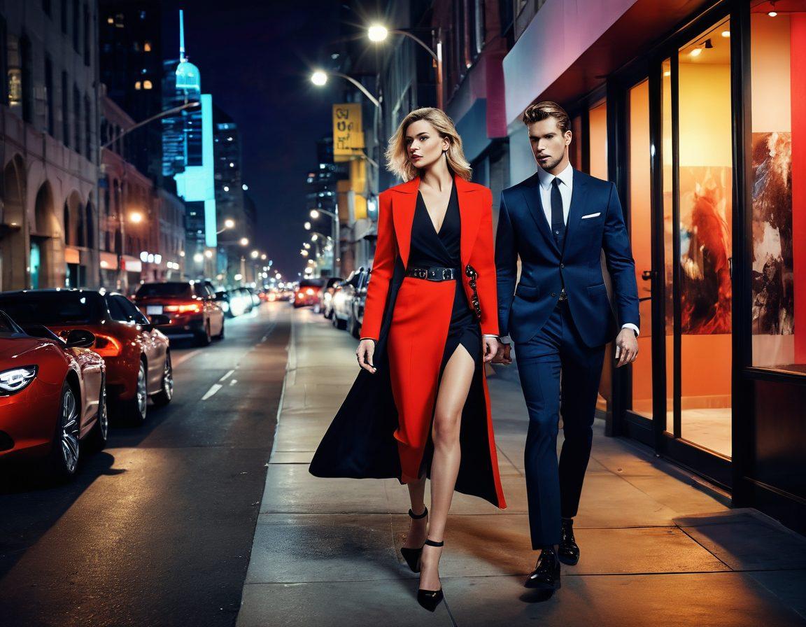 A striking juxtaposition of elegance and edginess, showcasing a stylish couple in a modern urban setting. The woman is dressed in a chic outfit, exuding confidence, while the man sports a playful yet sophisticated look. Background elements include abstract art and urban scenery that blend romance and fashion. Soft lighting enhances the atmosphere of desire and connection. vibrant colors. contemporary style.