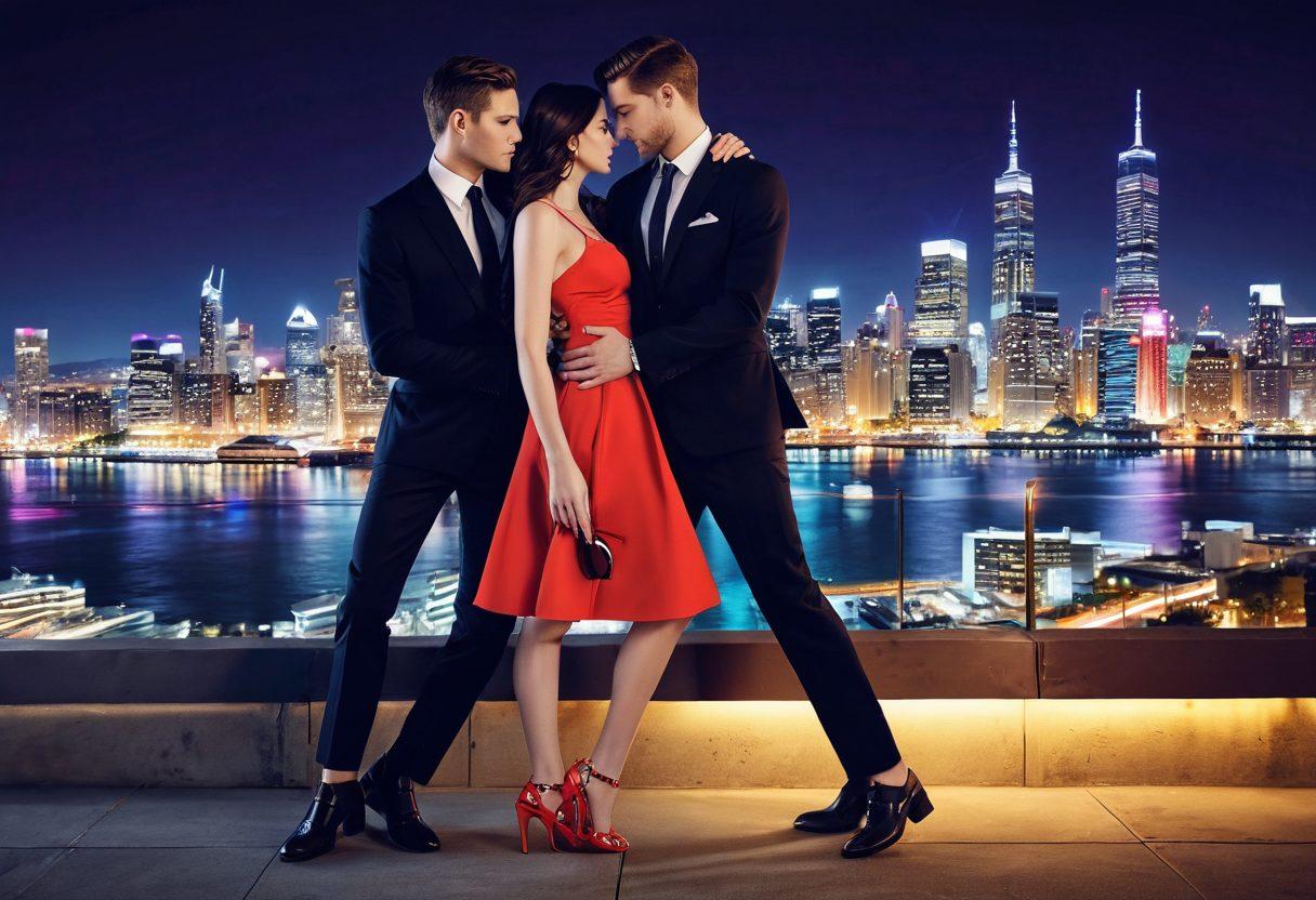 A stylish couple, one wearing chic, trendy shoes, the other showcasing unique, fetish-inspired footwear, intertwined in a romantic embrace. The background features a vibrant cityscape with elements of fashion icons subtly included, symbolizing the fusion of footwear fetish and contemporary style. Bright lights reflect off their shoes, creating a lively atmosphere. super-realistic. vibrant colors. fashion-inspired.