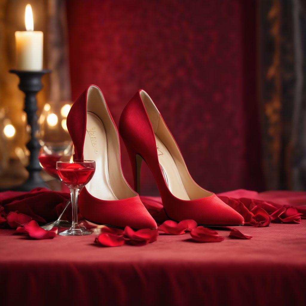A pair of elegantly styled high-heeled shoes resting on a plush red velvet surface, surrounded by seductive elements like rose petals and soft candlelight. The background should feature a dimly lit romantic setting with a hint of glamour, suggesting allure and intimacy. The shoes should be vividly detailed, showcasing their unique design and enticing colors. super-realistic. vibrant colors. intimate atmosphere.